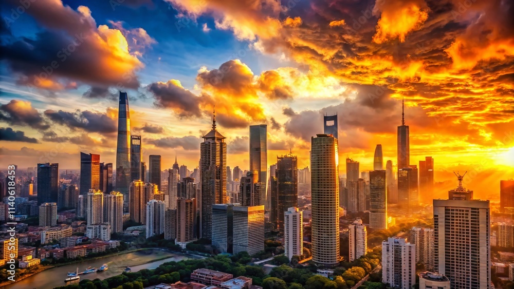 Obraz premium Panoramic Sunset Cityscape: Golden Hour City Panorama, Breathtaking Urban Sunset Views