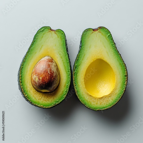 Fresh avocado cut in half showcasing creamy texture and large seed on light b...
