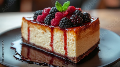 Delicious cheesecake topped with fresh berries and berry sauce on a wooden table