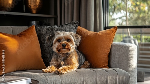 Small dog relaxing on a cozy sofa wearing a warm red sweater in an inviting l...