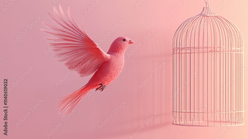 Obraz premium A bird that has flown out of its cage. freedom. pastel solid background. a bird and cage are on the right of the picture.