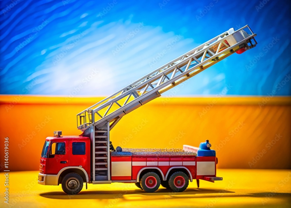 Panoramic Toy Fire Truck, Ladder, Hose, Blue Yellow Background, Kids Toy Photography Panoramic Toy Fire Truck, Ladder, Hose, Blue Yellow Background, Kids Toy Photography