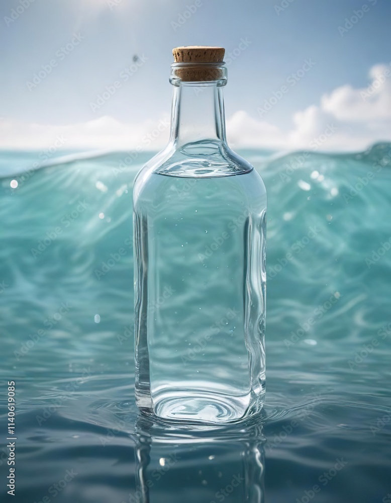 White glass bottle submerged partially in crystal clear water with a subtle ripple effect, partial submersion, peaceful scene White glass bottle submerged partially in crystal clear water with a subtle ripple effect, partial submersion, peaceful scene