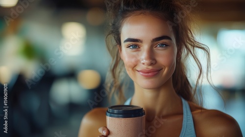 Smiling young woman enjoying a smoothie in a modern gym during her workout se...