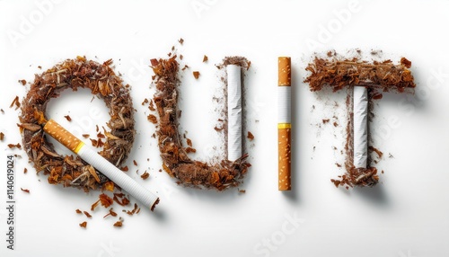 Broken Cigarette Art Spelling 'QUIT' Symbolizing Smoking Cessation, Tobacco Free Lifestyle, Anti Smoking Campaign, Health Awareness, Addiction Recovery, and Motivation to Stop Smoking for a Healthier  photo