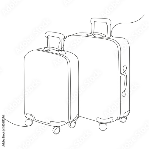 Two suitcases vector illustration. Travel suitcase in continuous line drawing style. Luggage valise with wheels and retractable handle line minimalist sketch. Travel concept. 