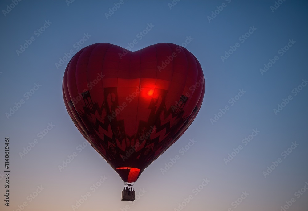 Fototapeta premium Heart-shaped hot air balloon glowing against twilight sky.
