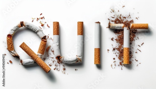 Broken Cigarette Art Spelling 'QUIT' Symbolizing Smoking Cessation, Tobacco Free Lifestyle, Anti Smoking Campaign, Health Awareness, Addiction Recovery, and Motivation to Stop Smoking for a Healthier 