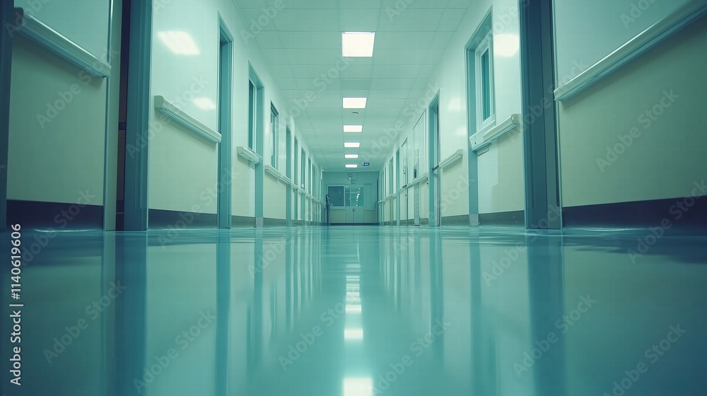 Low-angle view of a clean, empty hospital hallway with reflections on the floor. Healthcare facility concept. Low-angle view of a clean, empty hospital hallway with reflections on the floor. Healthcare facility concept.