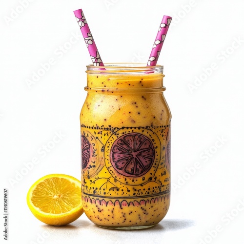 Refreshing berry smoothie served in a glass jar with pink straws in bright light