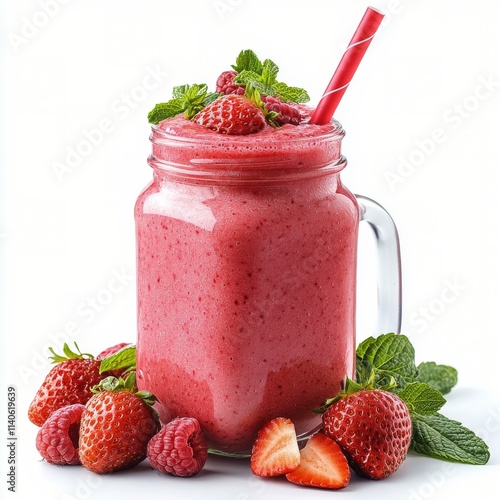 Refreshing berry smoothie served in a glass jar with pink straws in bright light