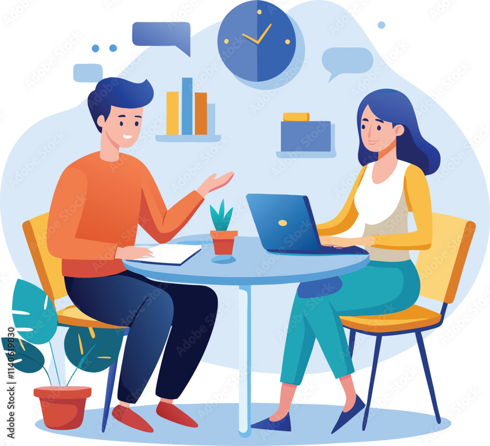 Partners meeting for business discussion with documents and laptop on desk. Couple at round table, speaking, discussing work, partnership. Flat vector on a white background Partners meeting for business discussion with documents and laptop on desk. Couple at round table, speaking, discussing work, partnership. Flat vector on a white background