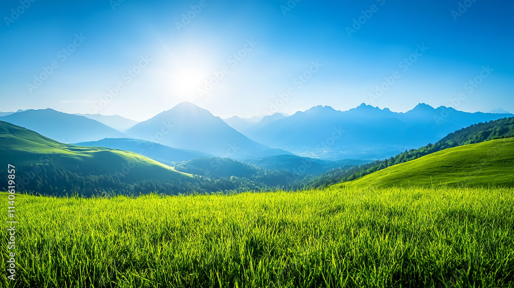 Serene mountain landscape with lush green fields and clear sky. Serene mountain landscape with lush green fields and clear sky.