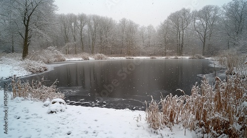 Snowy landscape with frozen pond and bare trees in winter