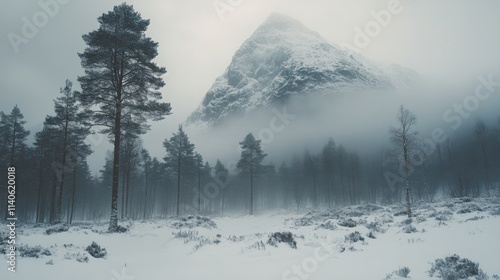 Majestic solitary tree under colorful sky at dusk in winter landscape