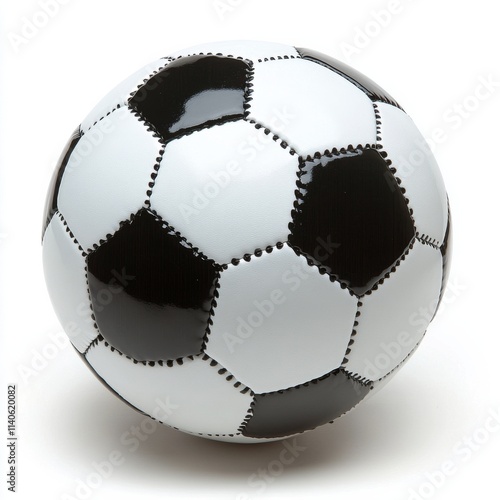 Classic black and white soccer ball resting on a light background ready for a...