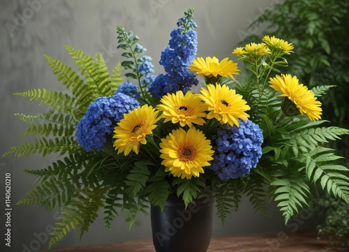 Wallpaper Mural Yellow asters and blue hydrangea stems paired with some ferns and eucalyptus leaves, creating a unique floral arrangement , euclpytus leaves, fern Torontodigital.ca