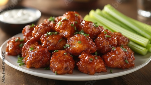 Savory fried cauliflower bites served on a black plate with dip and celery st...