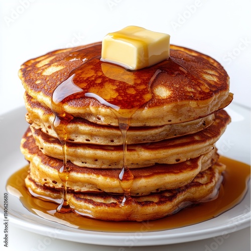 Stack of fluffy pancakes drizzled with syrup and topped with butter on a plate