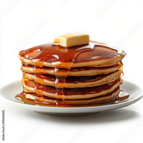 Stack of fluffy pancakes drizzled with syrup and topped with butter on a plate