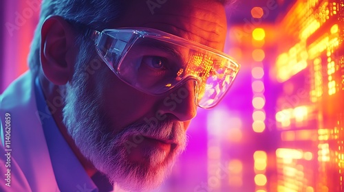 Wallpaper Mural A senior doctor in a lab coat, wearing safety goggles, analyzing a chemical reaction in a futuristic laboratory, vibrant color gradients from illuminated lab equipment creating a dynamic visual, Torontodigital.ca