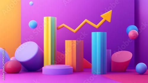 Growing bar graph and ascending arrow representing business success in vibrant 3d scene