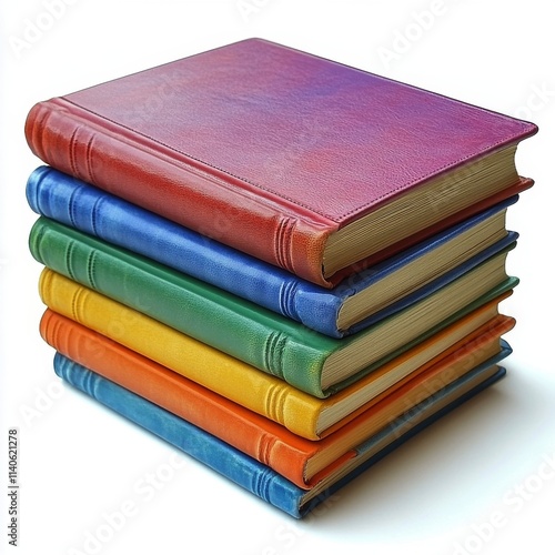 Stacked colorful books in various shades arranged neatly on a white surface