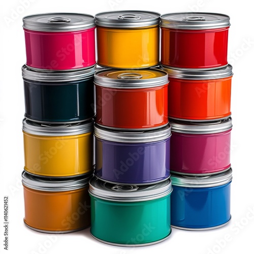 Vibrant jars of paint arranged in a colorful display on a white background