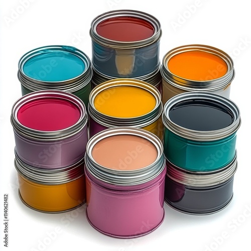 Vibrant jars of paint arranged in a colorful display on a white background