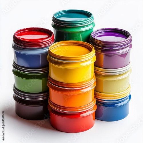 Vibrant jars of paint arranged in a colorful display on a white background