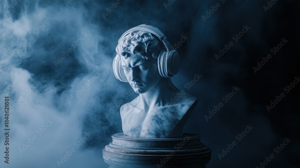 a statue with headphones in a foggy scene a statue with headphones in a foggy scene