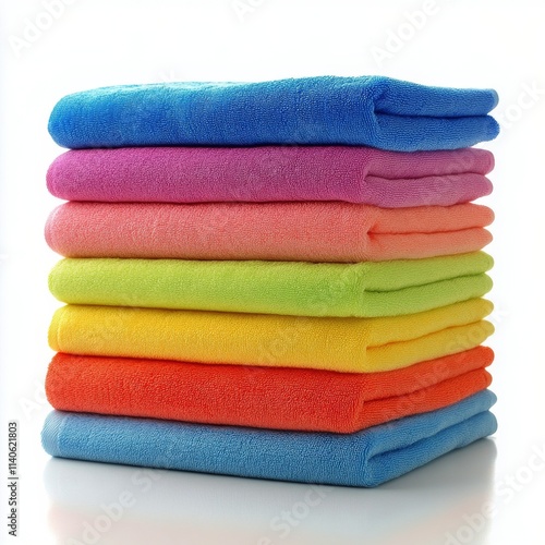 Colorful stacked towels arranged in a neat display on a white background for ...