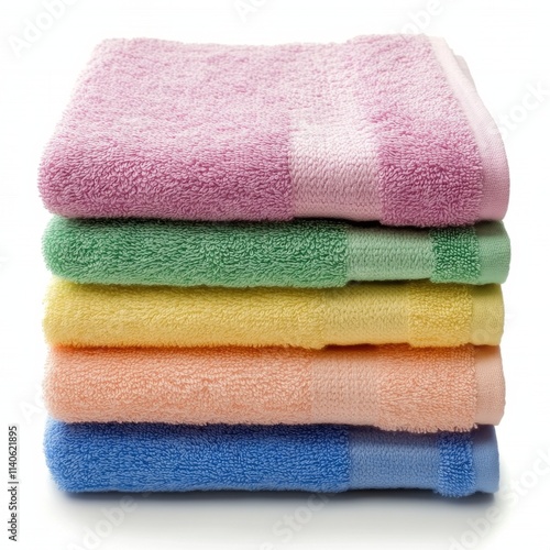Colorful stacked towels arranged in a neat display on a white background for ...