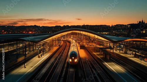 A high-speed train station at night, illuminated by warm ambient lighting, with a train gliding out of the terminal