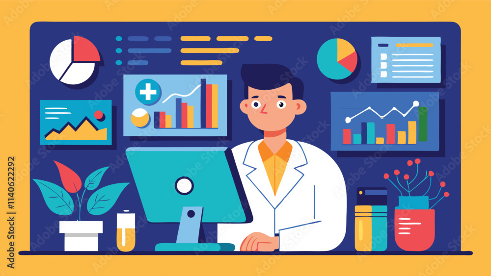 Professional working on a laptop with data visualizations and analytics in a modern workspace environment Professional working on a laptop with data visualizations and analytics in a modern workspace environment