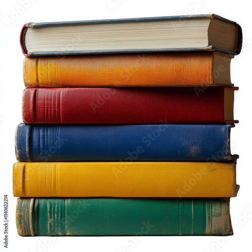 Colorful stack of vintage books resting on a flat surface in a well lit room