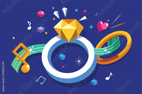 Stylish vector design of a diamond ring surrounded by musical notes on a deep blue background
