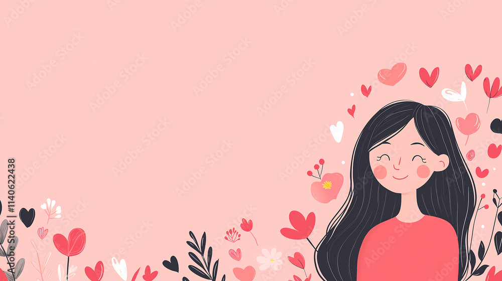 Illustrated Woman with Floral Decorative Background and Heart Accents for Valentine’s Day