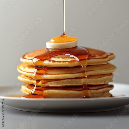 Delicious stack of fluffy pancakes with syrup and butter ready for breakfast
