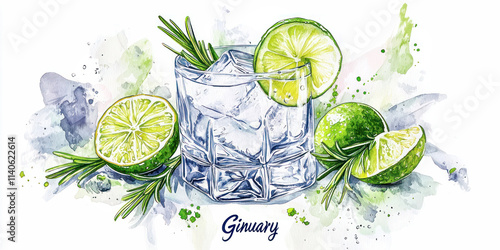 Ginuary watercolor illustration of a gin cocktail glass with ice cubes, lime slices, and rosemary sprigs on a white background. photo