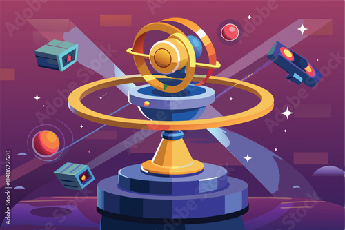 Vector design showcasing an abstract celestial model surrounded by floating geometric shapes in a vibrant cosmic setting