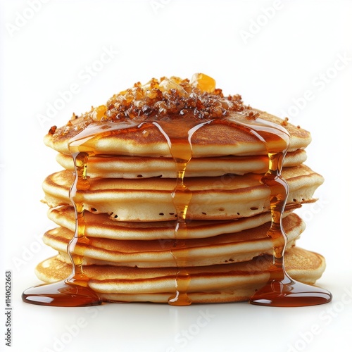 Delicious stack of fluffy pancakes with syrup and butter ready for breakfast