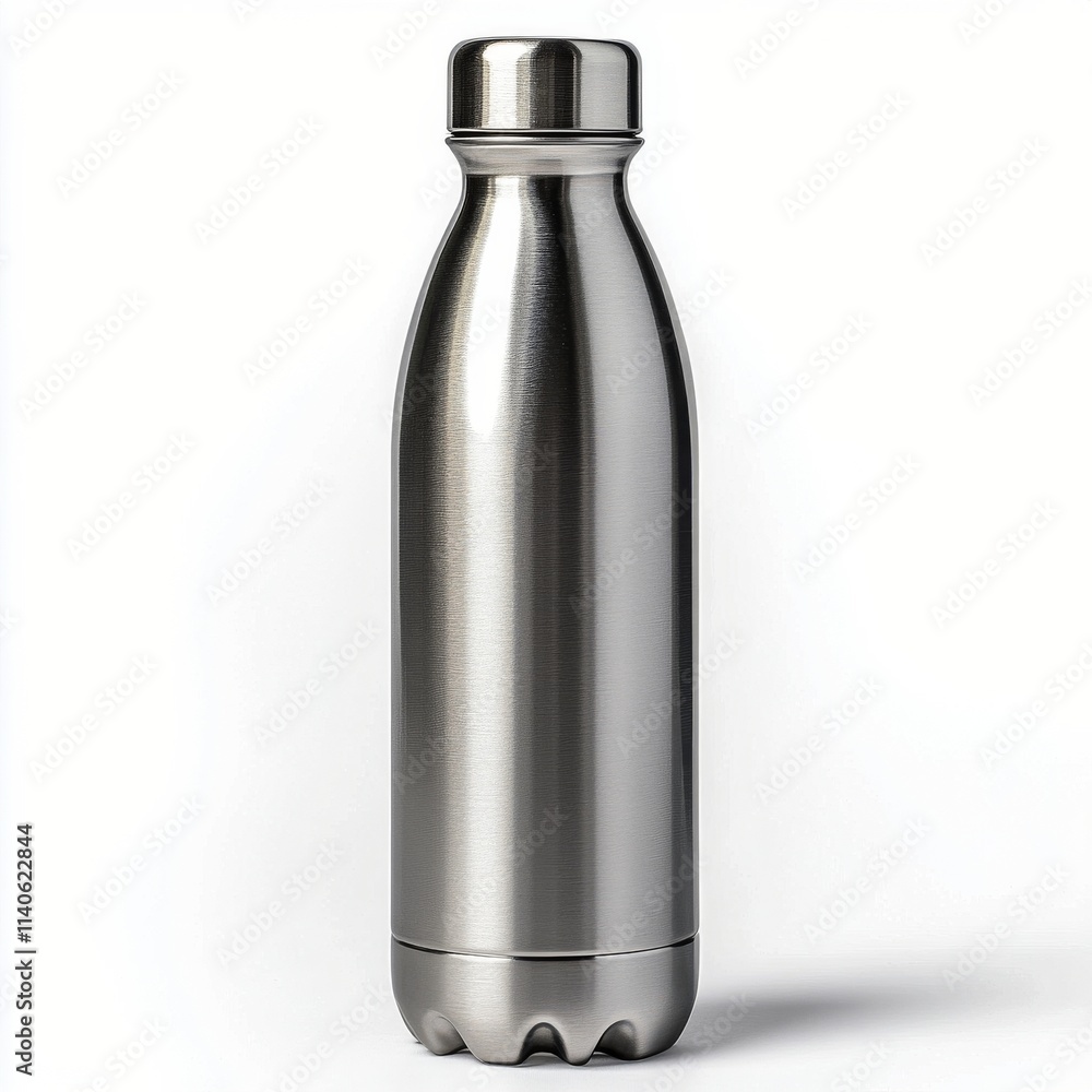Water bottle made of stainless steel with a sleek design on a plain background Water bottle made of stainless steel with a sleek design on a plain background