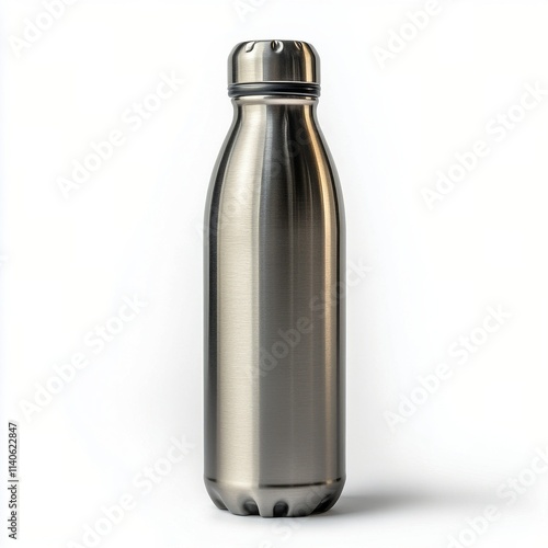 Water bottle made of stainless steel with a sleek design on a plain background