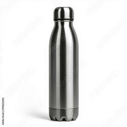 Water bottle made of stainless steel with a sleek design on a plain background