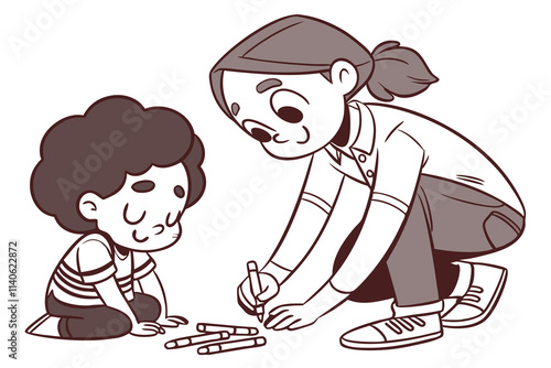 A child helping a classmate pick up crayons from the floor, with a cheerful, cooperative atmosphere.. The drawings should be suitable for children, featuring smooth, bold outlines and gentle expressio