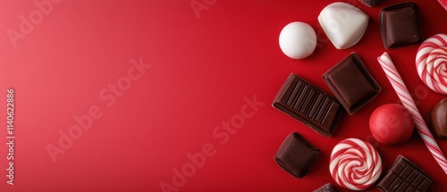Flat lay of various types of chocolates and candy canes on a red background.
