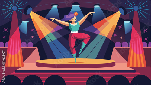 Elegant dancer performing on stage in a vibrant theater setting with colorful spotlights and a dynamic background