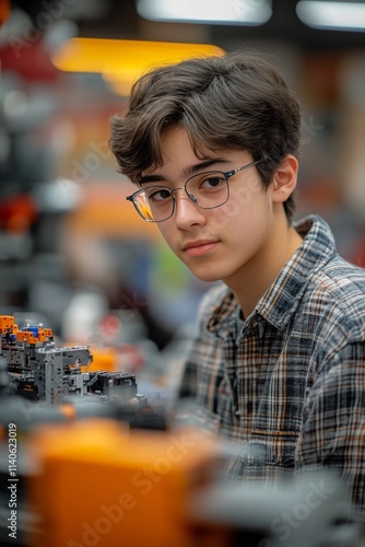 Young boy engaged in creative building activity at a workshop setting focused...