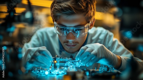 Young technician focused on assembling electronic components in a laboratory ...